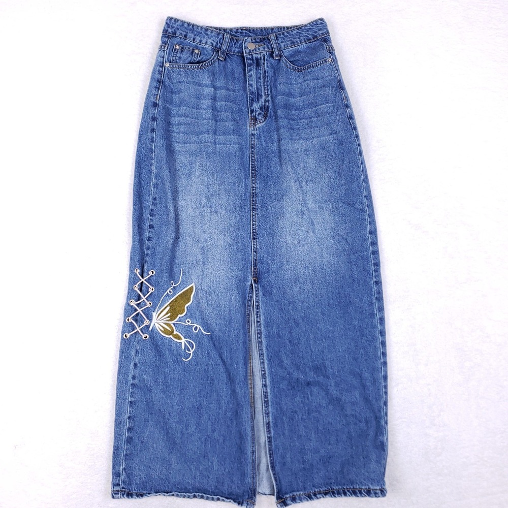 SHEIN‎ High Waist Denim Midi Skirt M Butterfly Embroidered Lace-Up